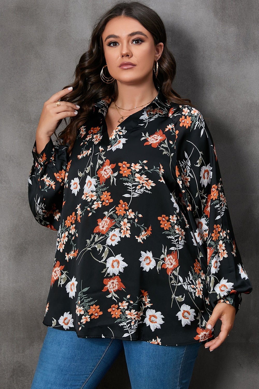 Plus Size Printed Johnny Collar Long Sleeve Blouse - Rochelle's House LLC