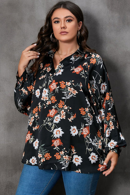 Plus Size Printed Johnny Collar Long Sleeve Blouse - Rochelle's House LLC