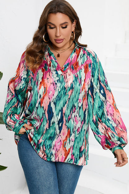 Plus Size Printed Johnny Collar Long Sleeve Blouse - Rochelle's House LLC