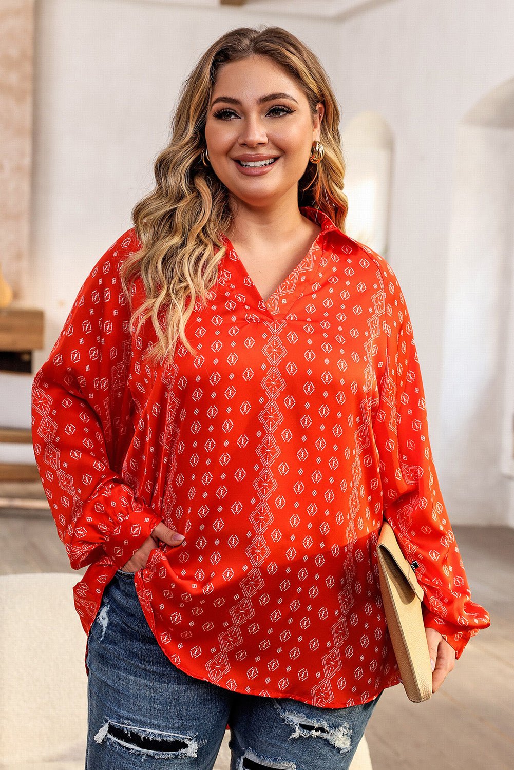 Plus Size Printed Johnny Collar Long Sleeve Blouse - Rochelle's House LLC