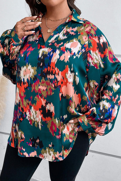 Plus Size Printed Johnny Collar Long Sleeve Blouse - Rochelle's House LLC