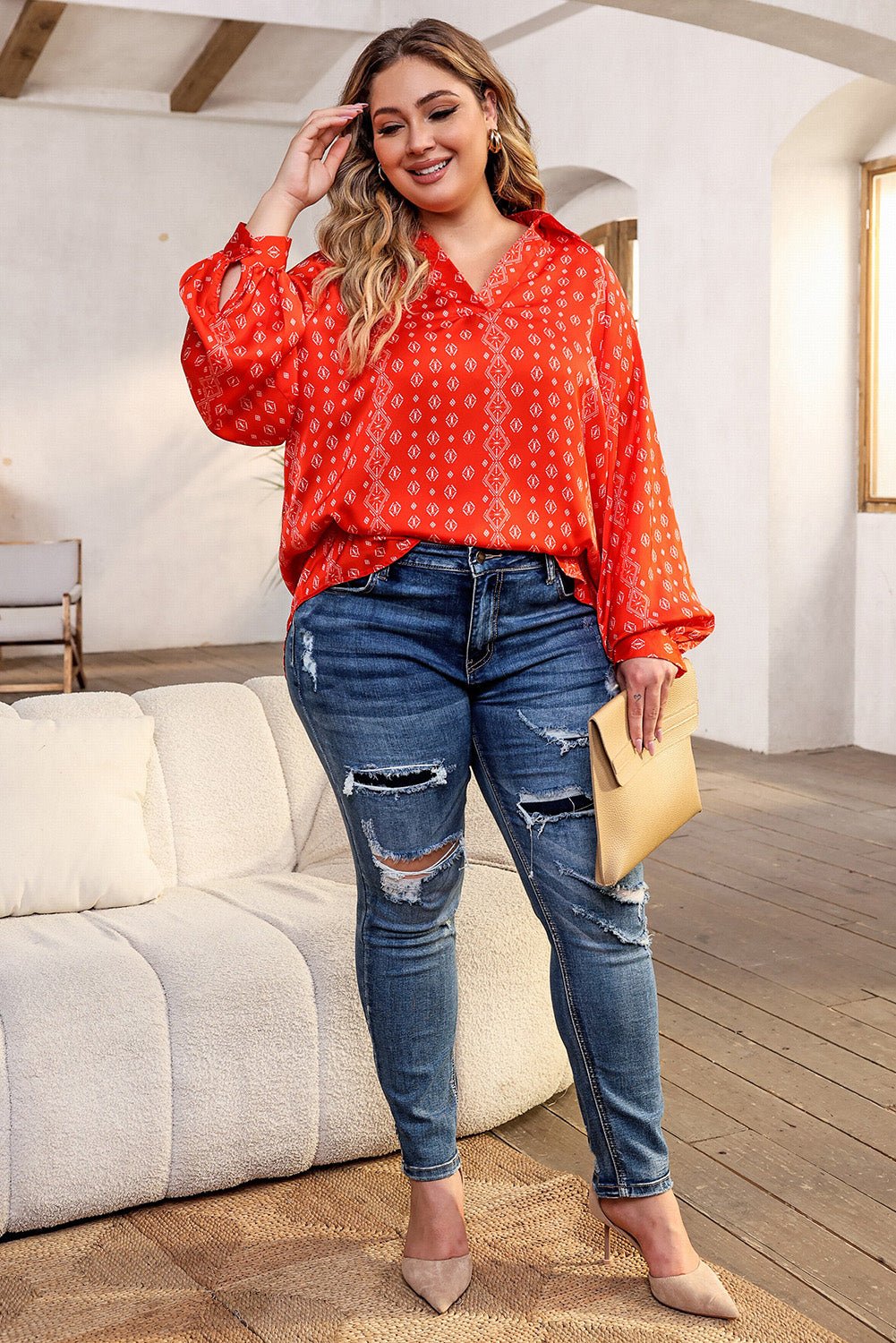 Plus Size Printed Johnny Collar Long Sleeve Blouse - Rochelle's House LLC