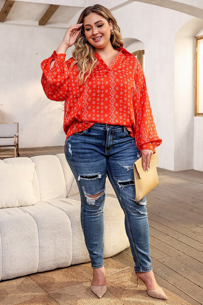 Plus Size Printed Johnny Collar Long Sleeve Blouse - Rochelle's House LLC