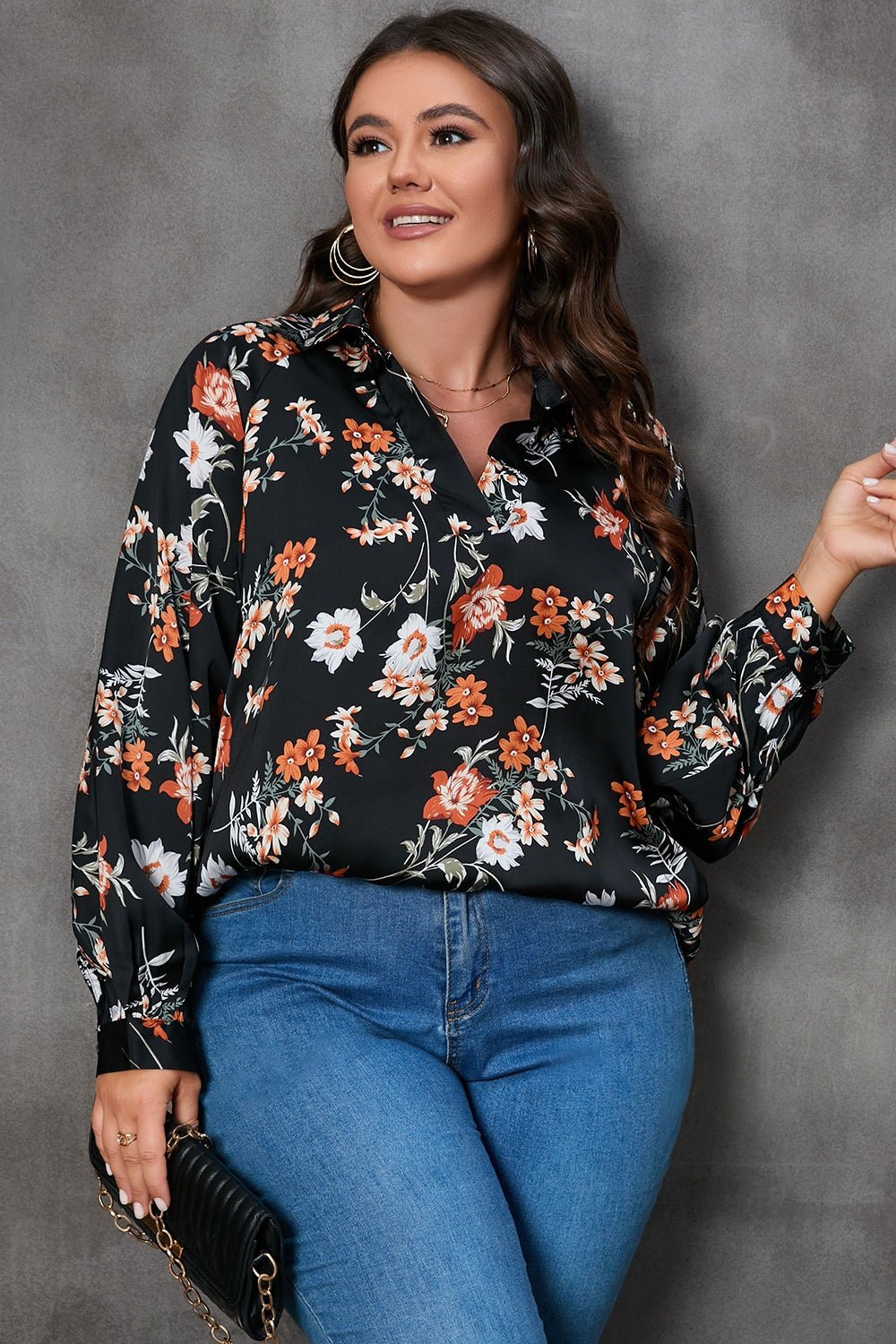 Plus Size Printed Johnny Collar Long Sleeve Blouse - Rochelle's House LLC