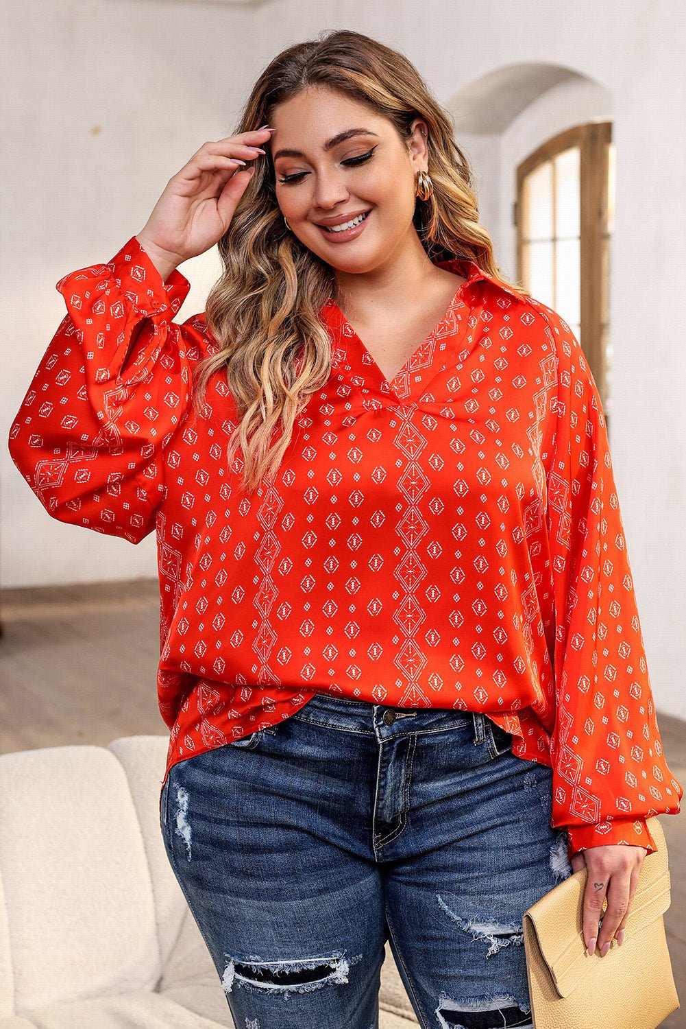 Plus Size Printed Johnny Collar Long Sleeve Blouse - Rochelle's House LLC