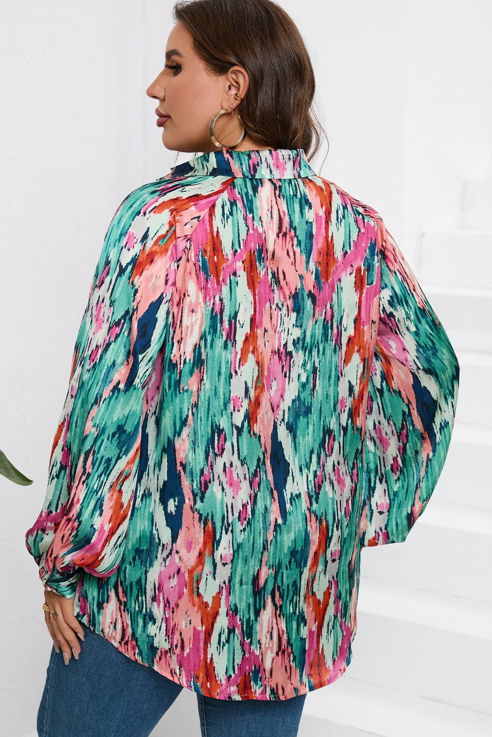 Plus Size Printed Johnny Collar Long Sleeve Blouse - Rochelle's House LLC