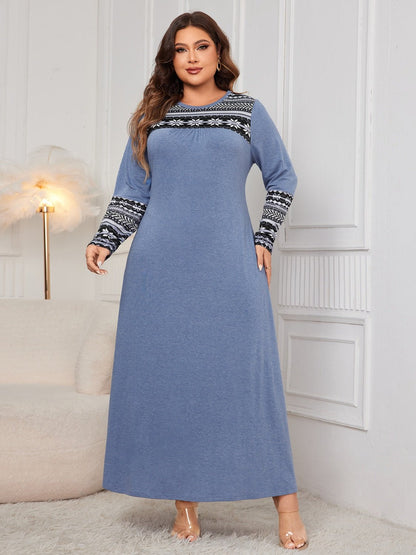 Plus Size Printed Round Neck Long Sleeve Dress - Rochelle's House LLC