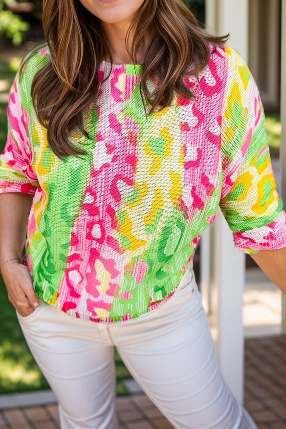 Front view of Plus Size Printed Round Neck T-Shirt in Fuchsia Pink showing neckline and sleeve details
