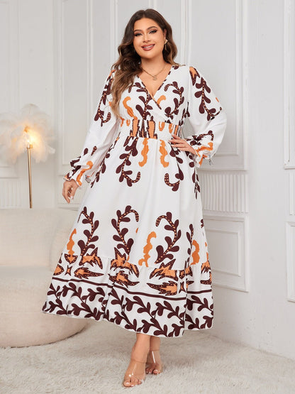 Plus Size Printed Surplice Flounce Sleeve Dress - Rochelle's House LLC