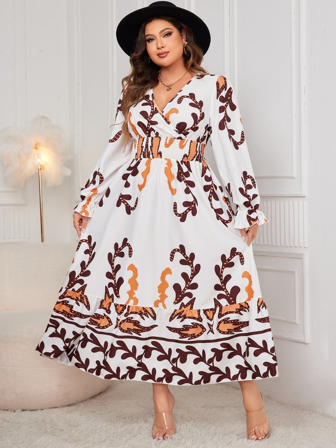 Plus Size Printed Surplice Flounce Sleeve Dress - Rochelle's House LLC