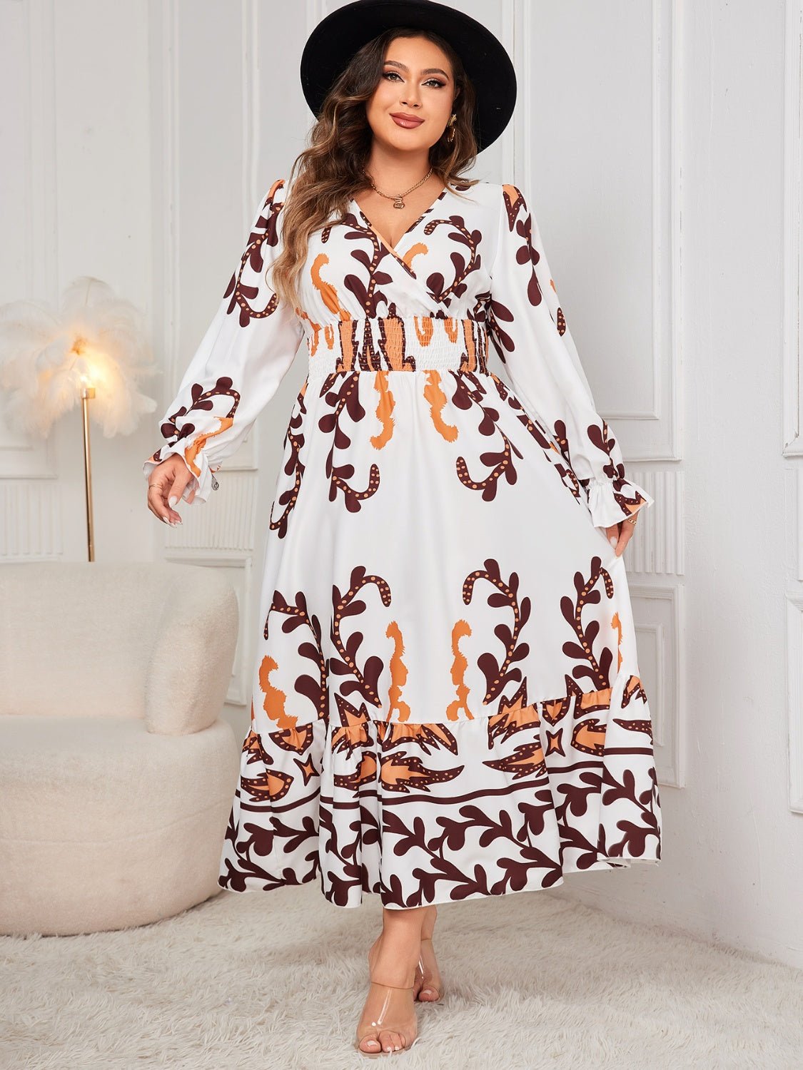 Plus Size Printed Surplice Flounce Sleeve Dress - Rochelle's House LLC