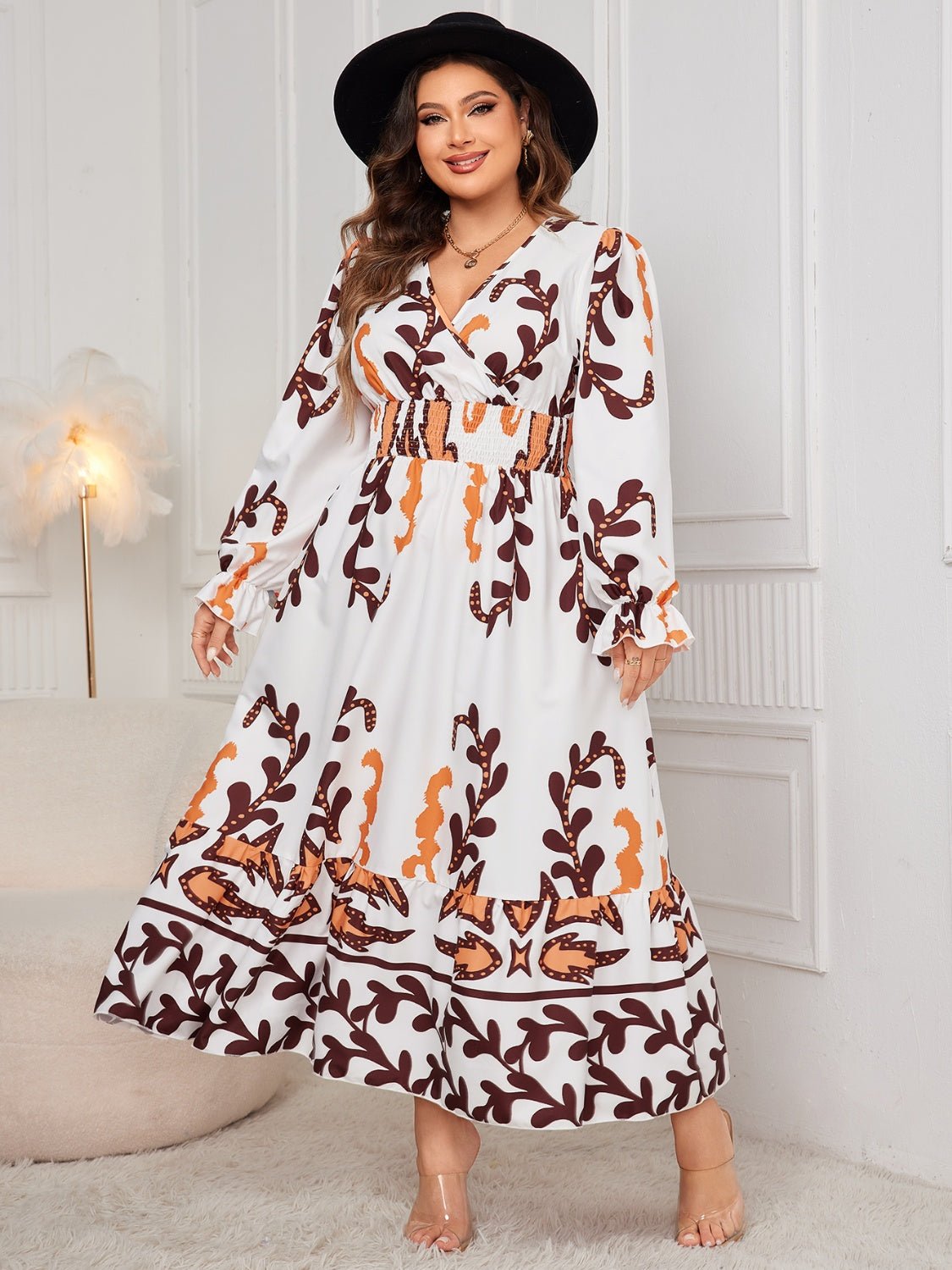 Plus Size Printed Surplice Flounce Sleeve Dress - Rochelle's House LLC