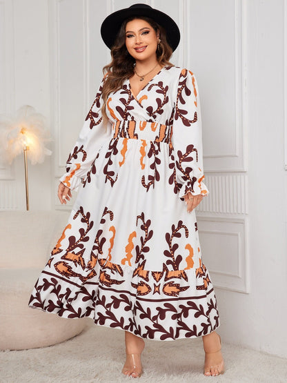 Plus Size Printed Surplice Flounce Sleeve Dress - Rochelle's House LLC
