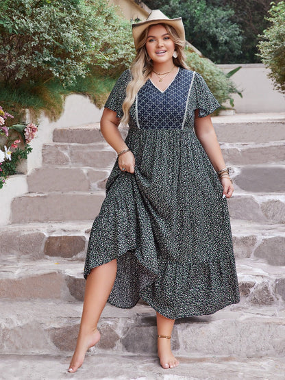 Plus Size Printed V - Neck Flutter Sleeve Midi Dress - Rochelle's House LLC