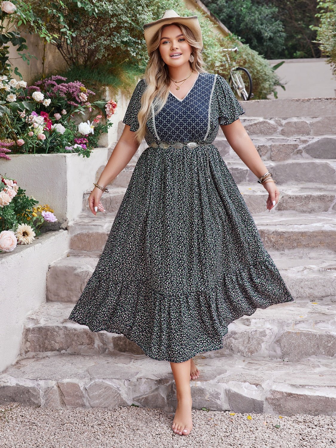 Plus Size Printed V - Neck Flutter Sleeve Midi Dress - Rochelle's House LLC