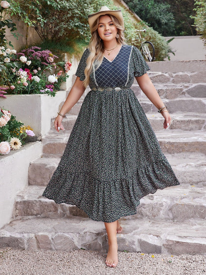 Plus Size Printed V - Neck Flutter Sleeve Midi Dress - Rochelle's House LLC