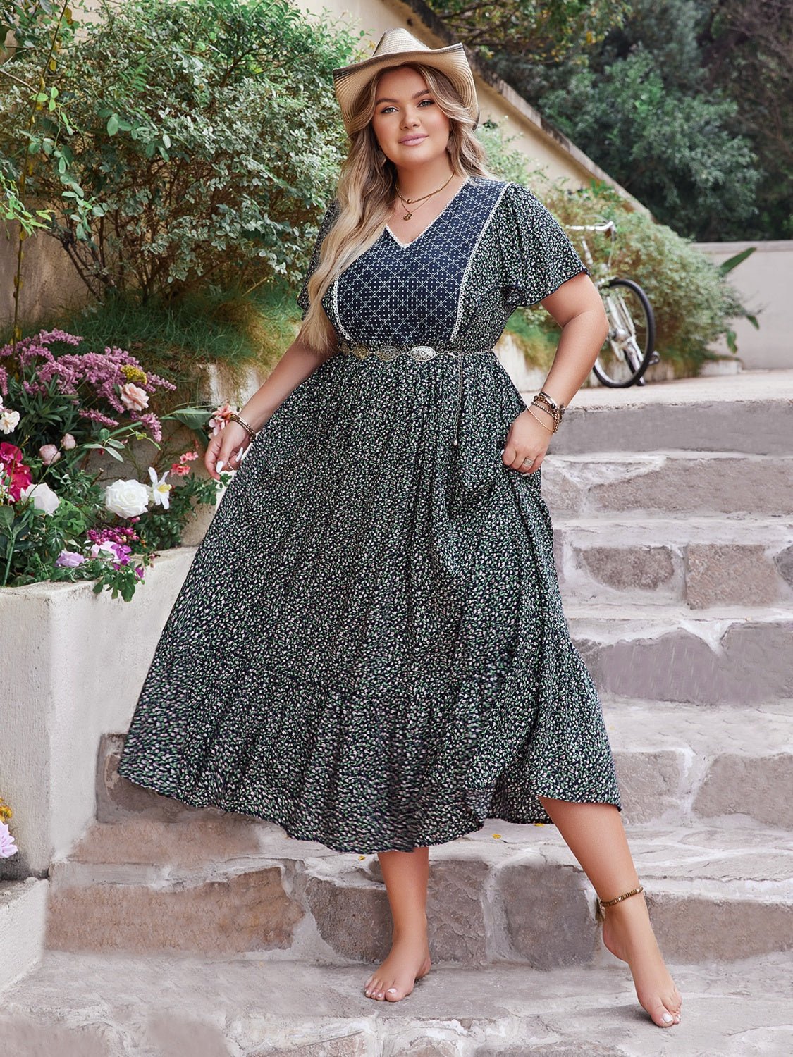 Plus Size Printed V - Neck Flutter Sleeve Midi Dress - Rochelle's House LLC