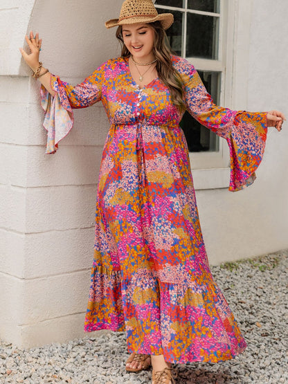 Front view of Plus Size Printed V-Neck Long Sleeve Maxi Dress in Orange-Red showing neckline and sleeve details