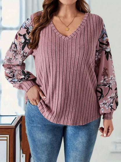 Plus Size Printed V - Neck Long Sleeve T-Shirt - Rochelle's House LLC