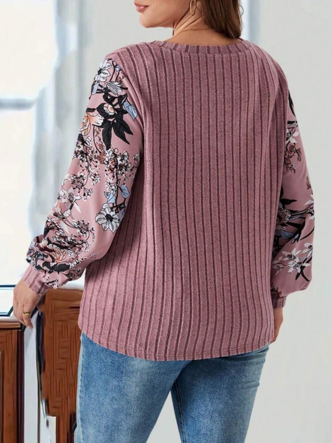 Plus Size Printed V - Neck Long Sleeve T-Shirt - Rochelle's House LLC