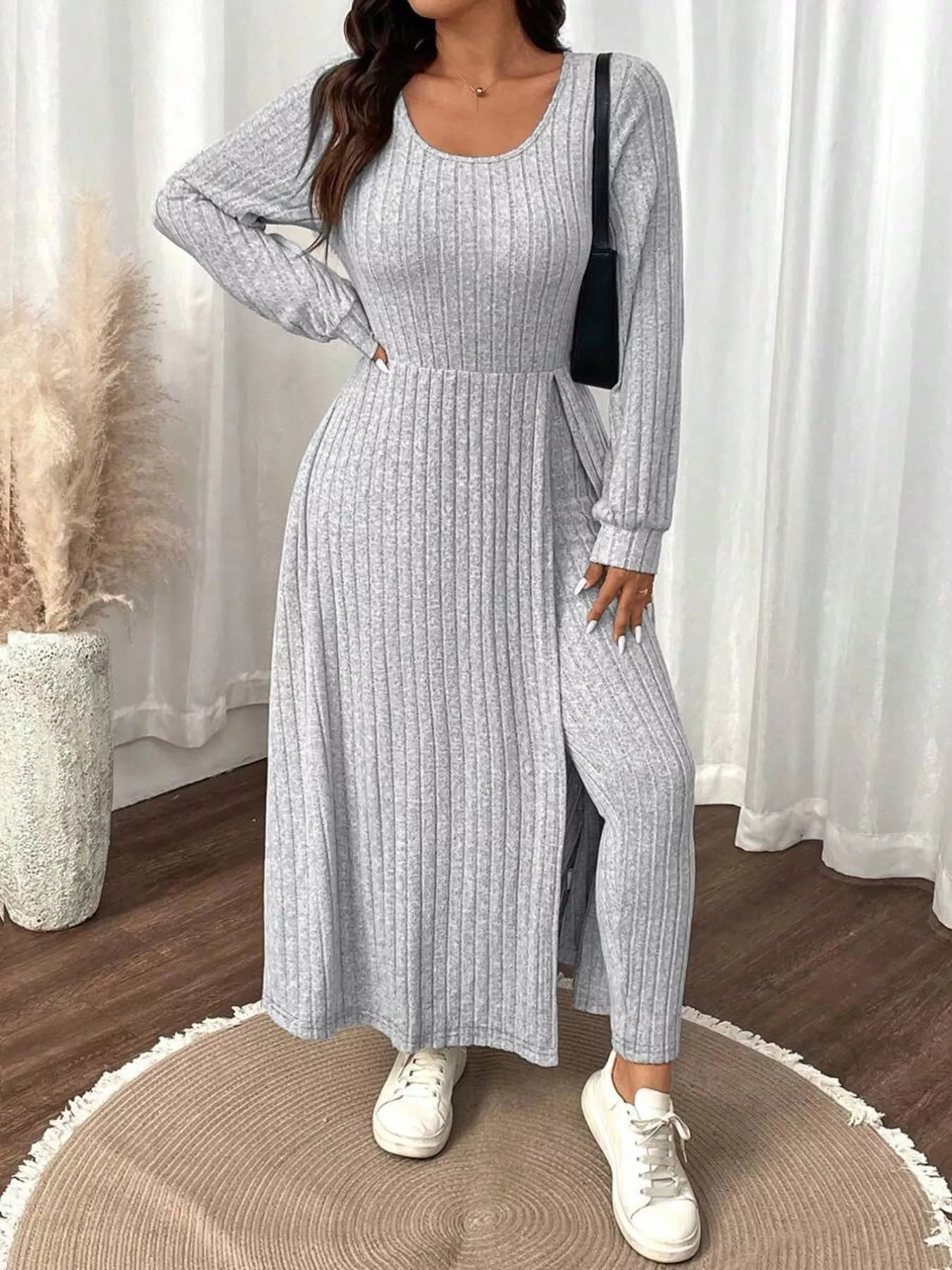 Plus Size Ribbed Knit Long Sleeve Split Dress & Leggings Set - Rochelle's House LLC