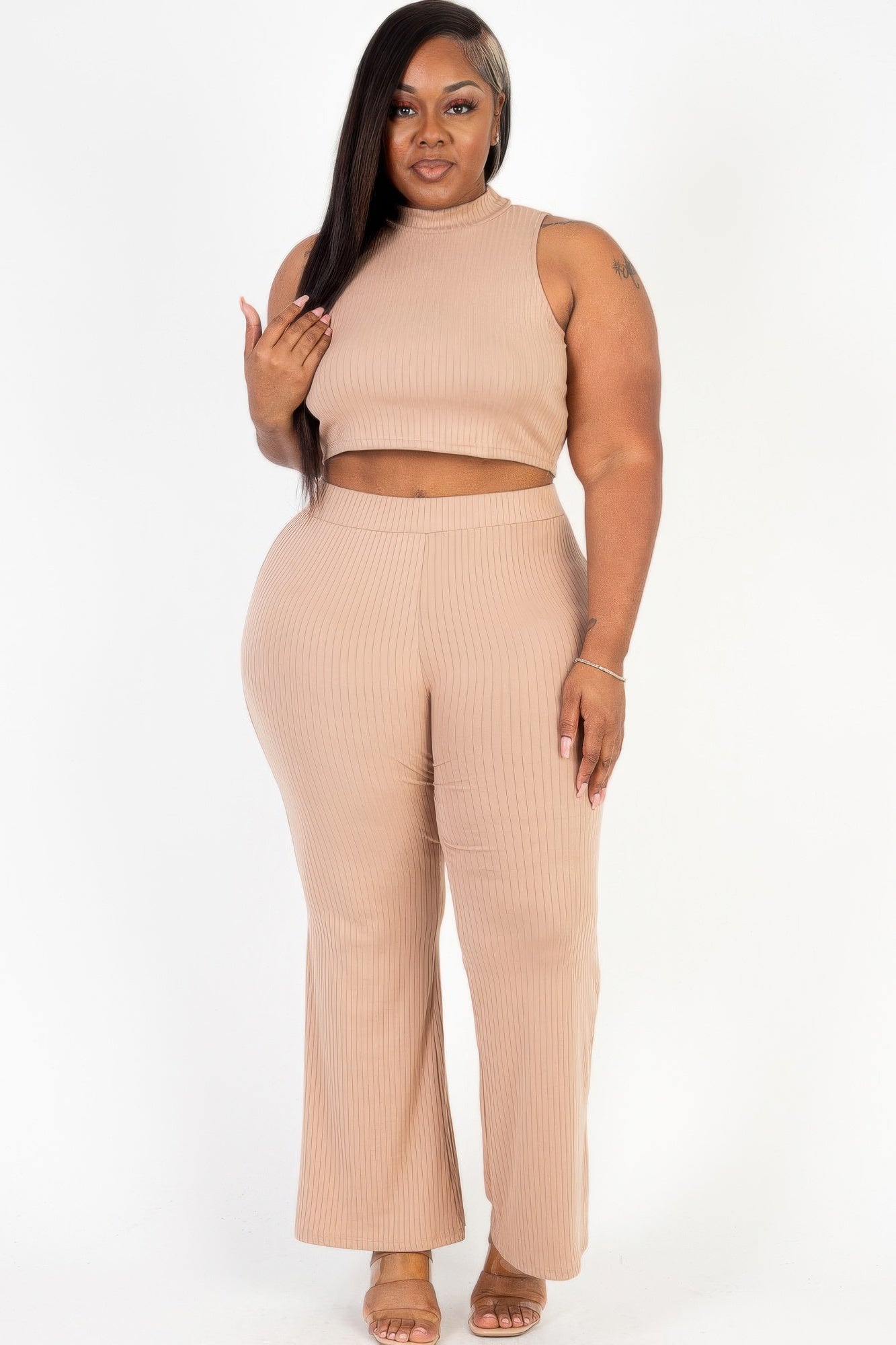 Front view of Plus Size Ribbed Mock Neck Crop Tank Top& Bootcut Pants Set showing neckline and sleeve details