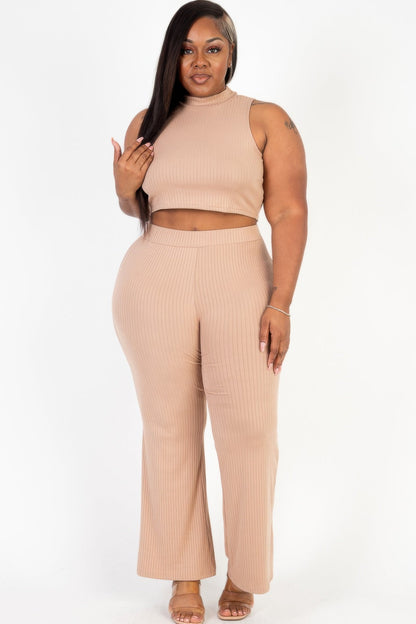 Front view of Plus Size Ribbed Mock Neck Crop Tank Top& Bootcut Pants Set showing neckline and sleeve details