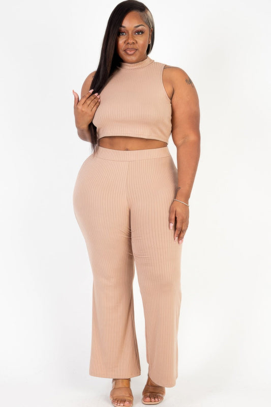 Front view of Plus Size Ribbed Mock Neck Crop Tank Top& Bootcut Pants Set showing neckline and sleeve details