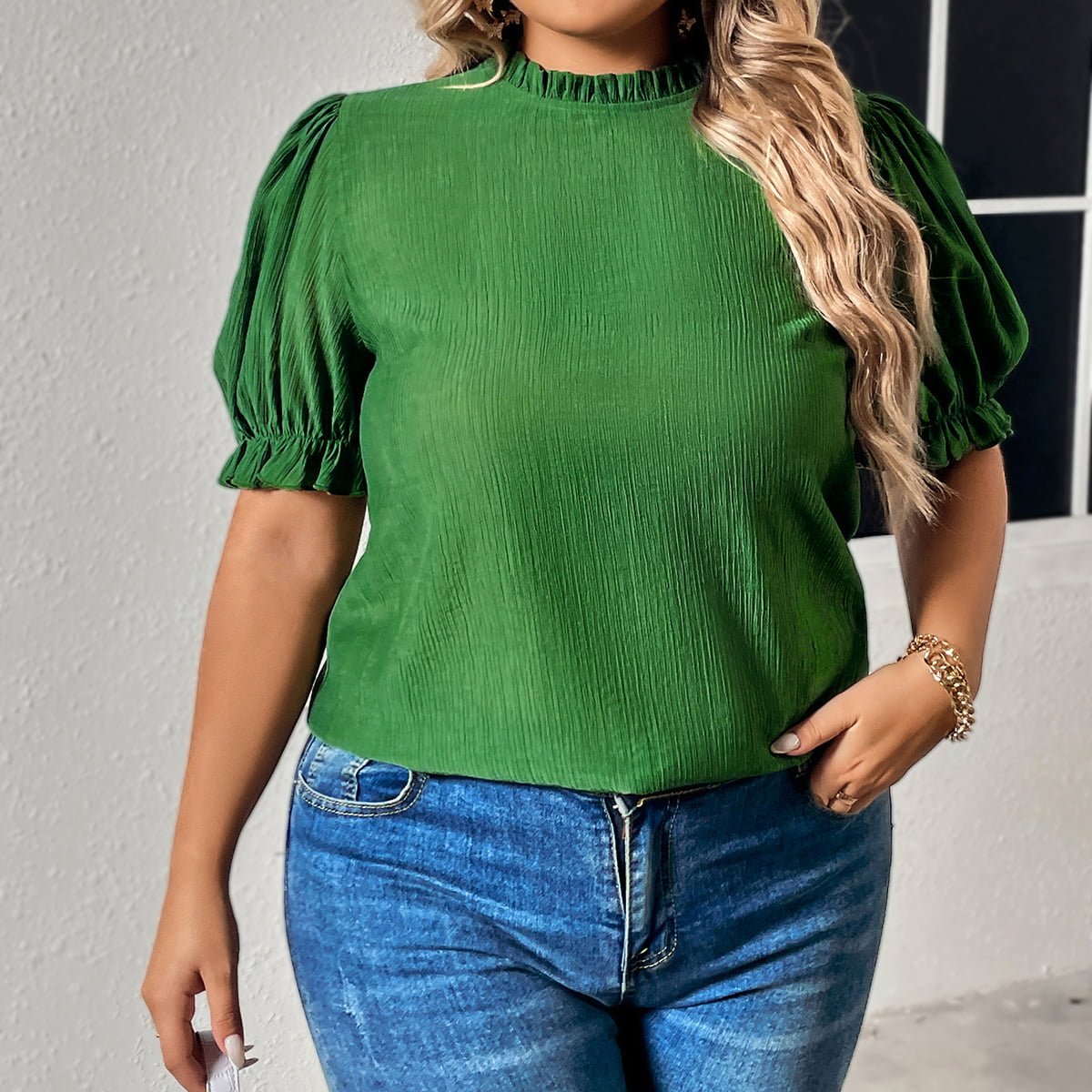 Plus Size Round Neck Flounce Sleeve Blouse - Rochelle's House LLC