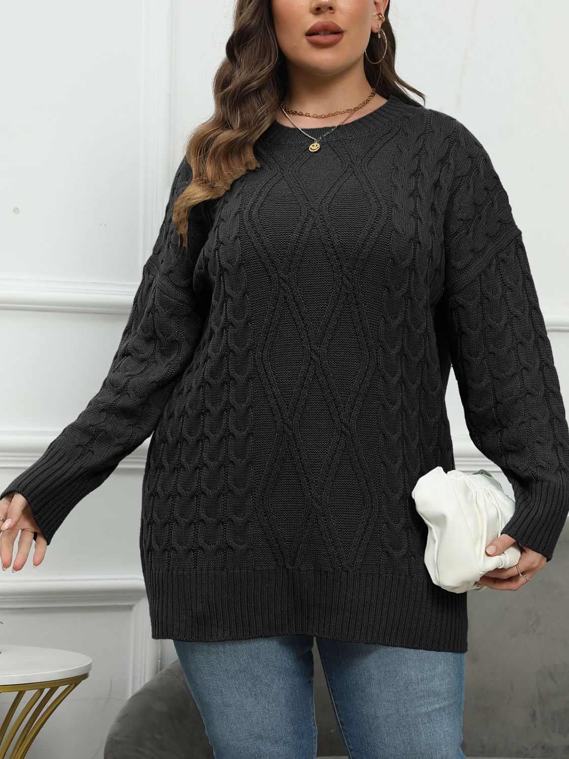 Plus Size Round Neck Long Sleeve Sweater - Rochelle's House LLC