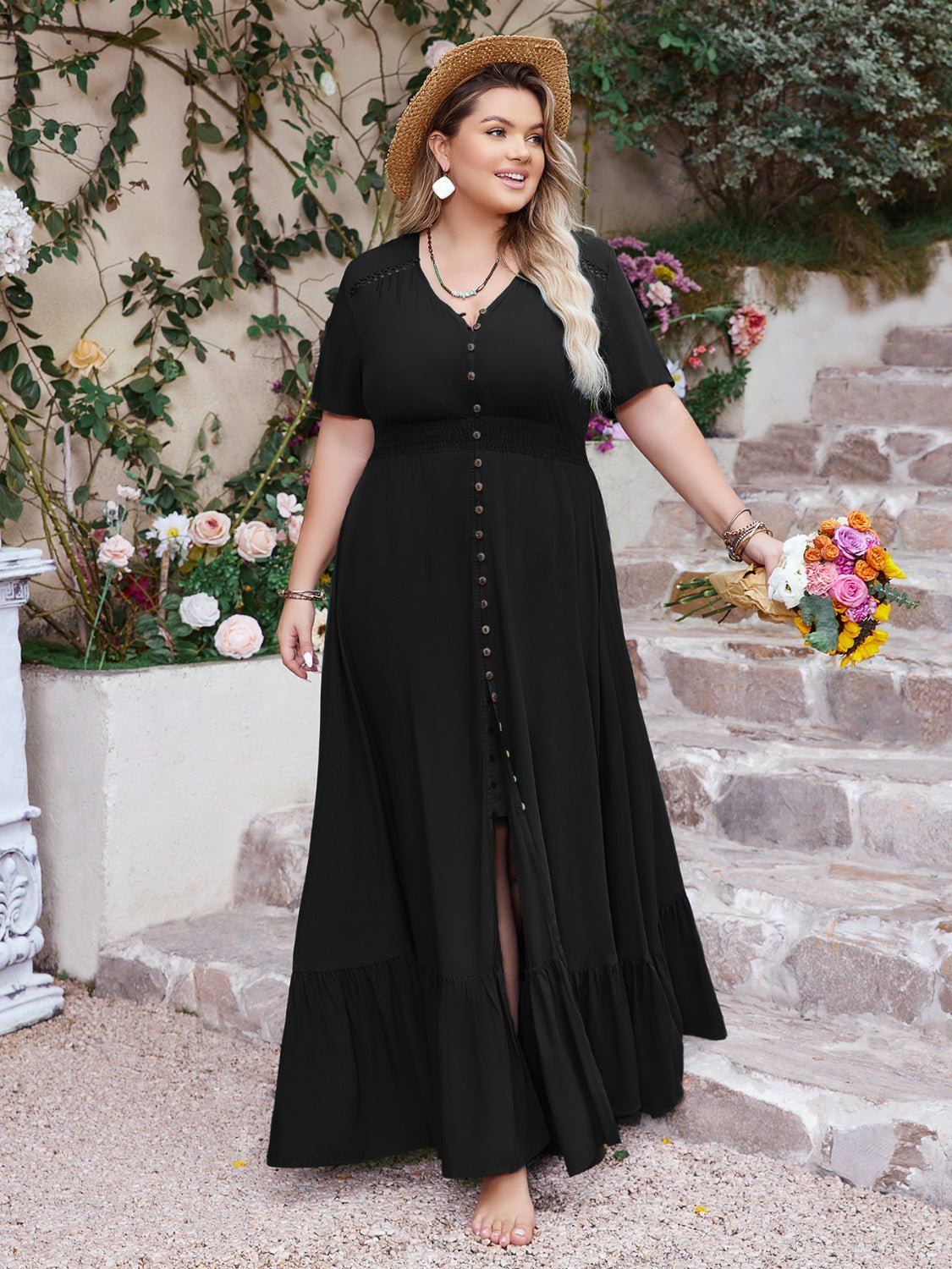 Front view of Plus Size Ruffled Hem Button Down V-Neck Short Sleeve Maxi Dress in Black showing neckline and sleeve details