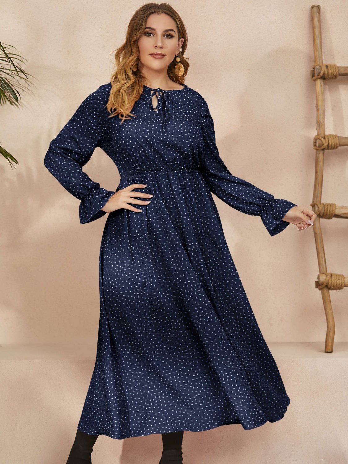 Plus Size Ruffled Polka Dot Long Sleeve Midi Dress - Rochelle's House LLC