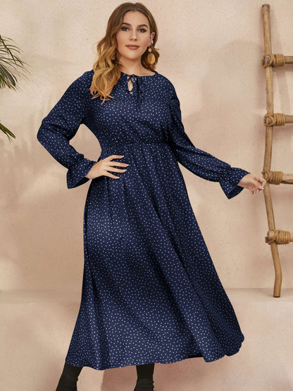 Plus Size Ruffled Polka Dot Long Sleeve Midi Dress - Rochelle's House LLC