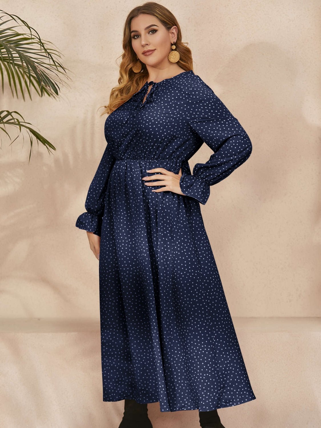 Plus Size Ruffled Polka Dot Long Sleeve Midi Dress - Rochelle's House LLC
