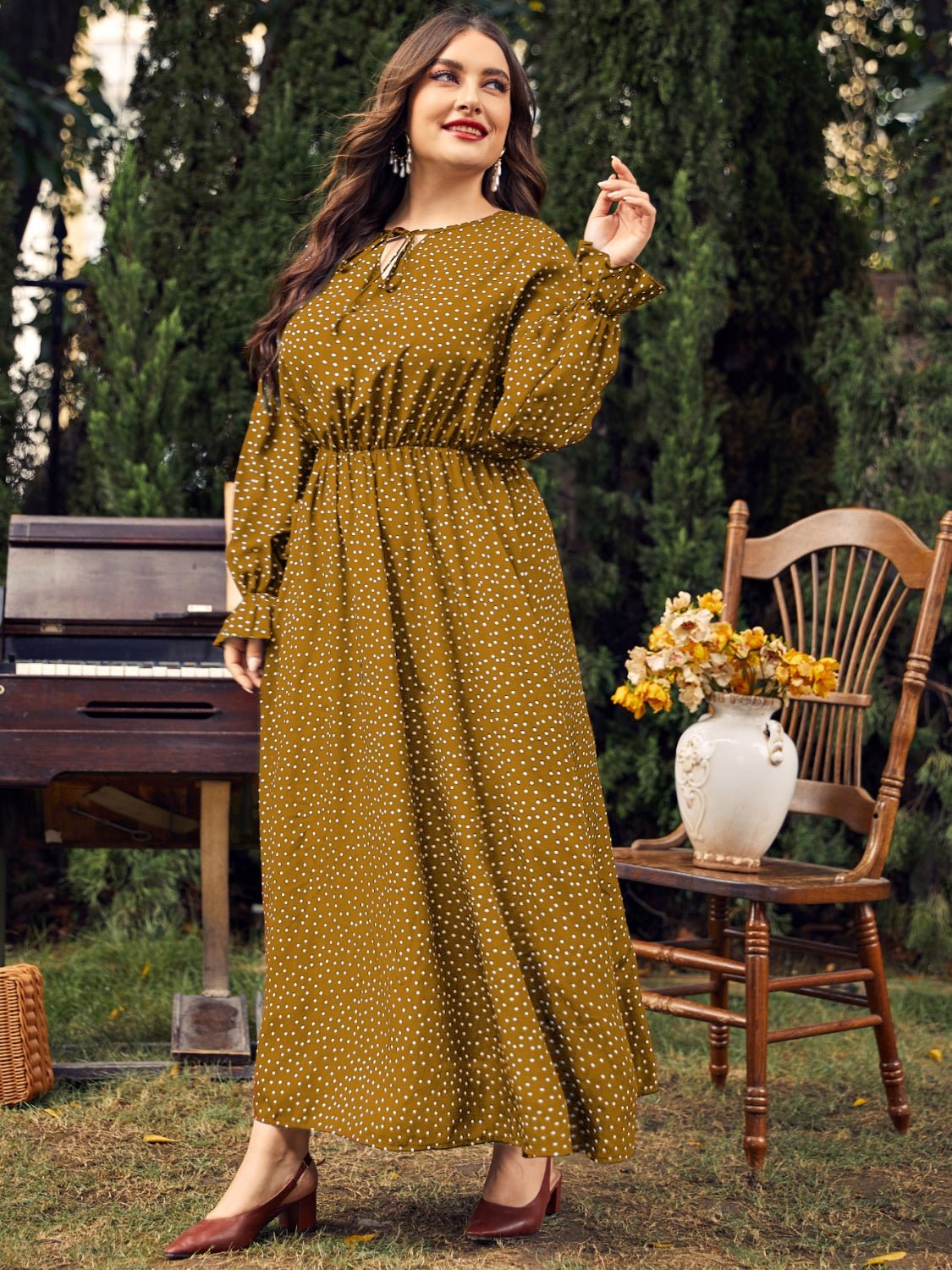 Plus Size Ruffled Polka Dot Long Sleeve Midi Dress - Rochelle's House LLC