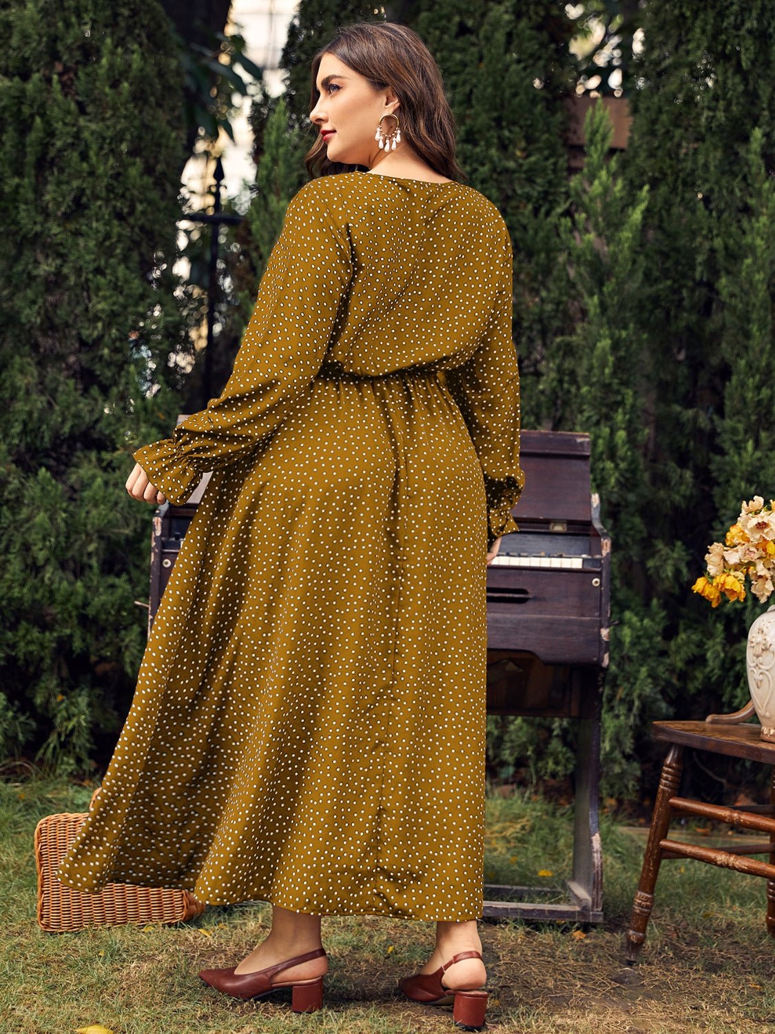 Plus Size Ruffled Polka Dot Long Sleeve Midi Dress - Rochelle's House LLC