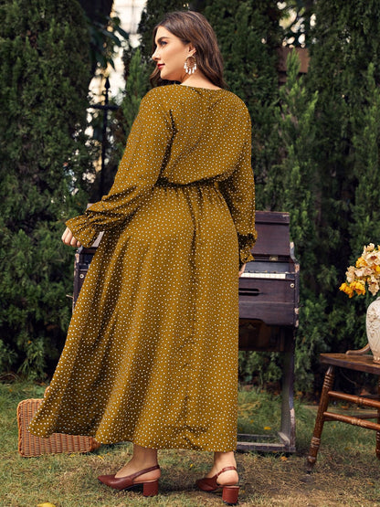 Plus Size Ruffled Polka Dot Long Sleeve Midi Dress - Rochelle's House LLC