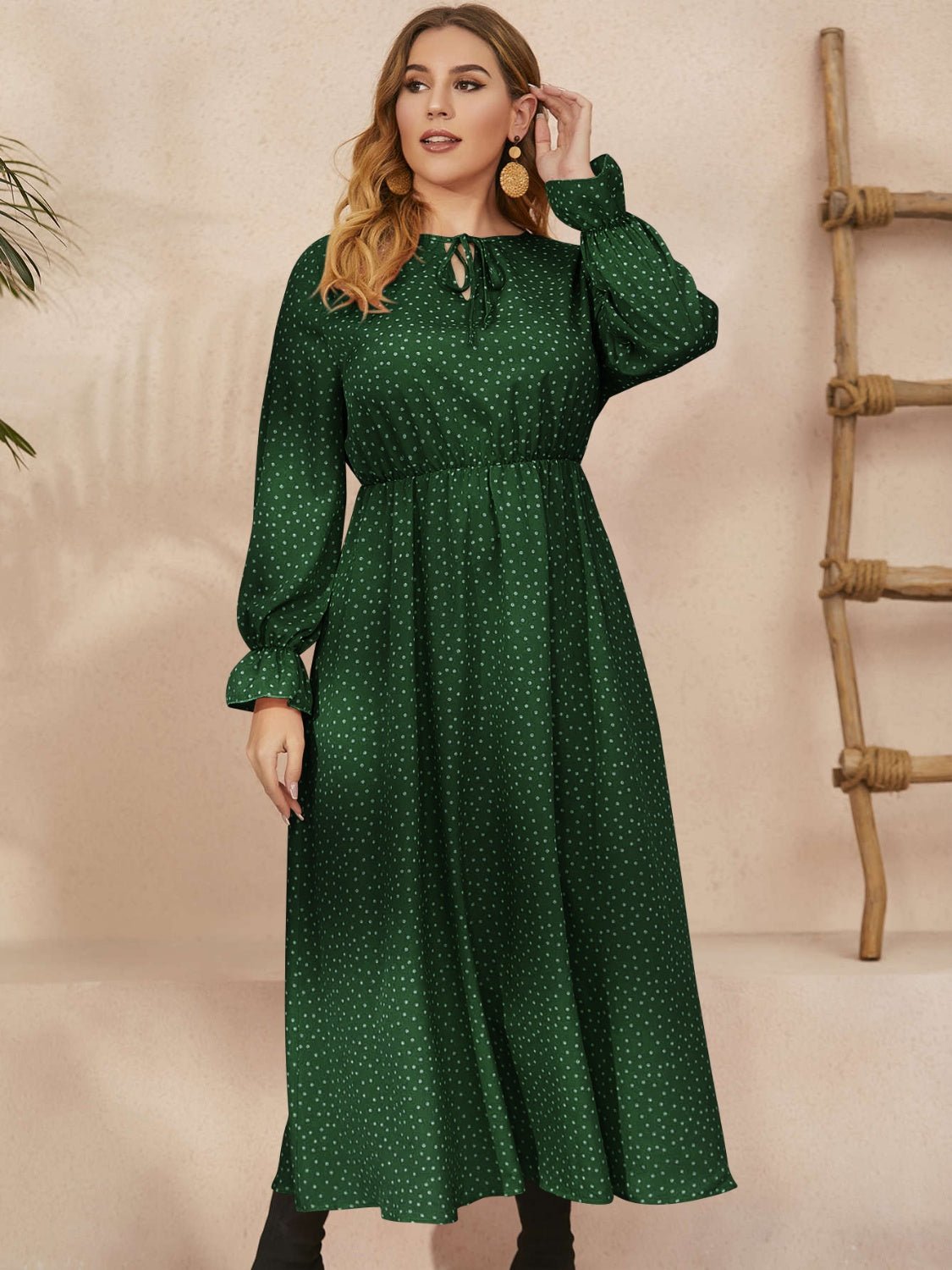 Plus Size Ruffled Polka Dot Long Sleeve Midi Dress - Rochelle's House LLC