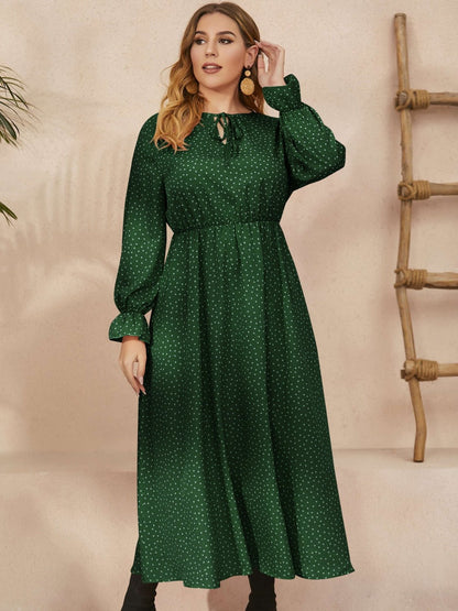 Plus Size Ruffled Polka Dot Long Sleeve Midi Dress - Rochelle's House LLC