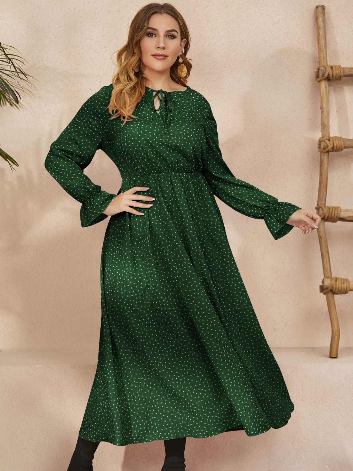 Plus Size Ruffled Polka Dot Long Sleeve Midi Dress - Rochelle's House LLC