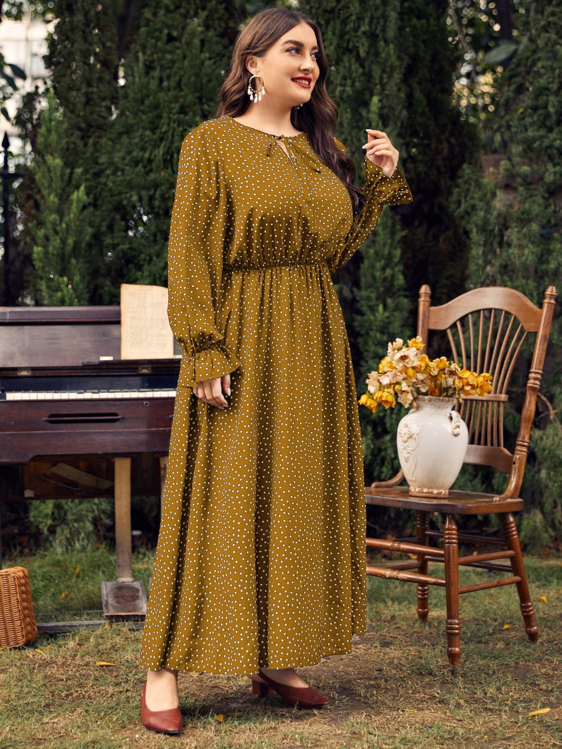 Plus Size Ruffled Polka Dot Long Sleeve Midi Dress - Rochelle's House LLC