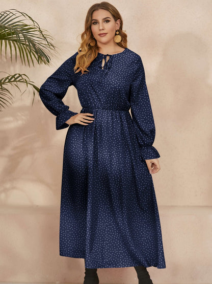 Plus Size Ruffled Polka Dot Long Sleeve Midi Dress - Rochelle's House LLC
