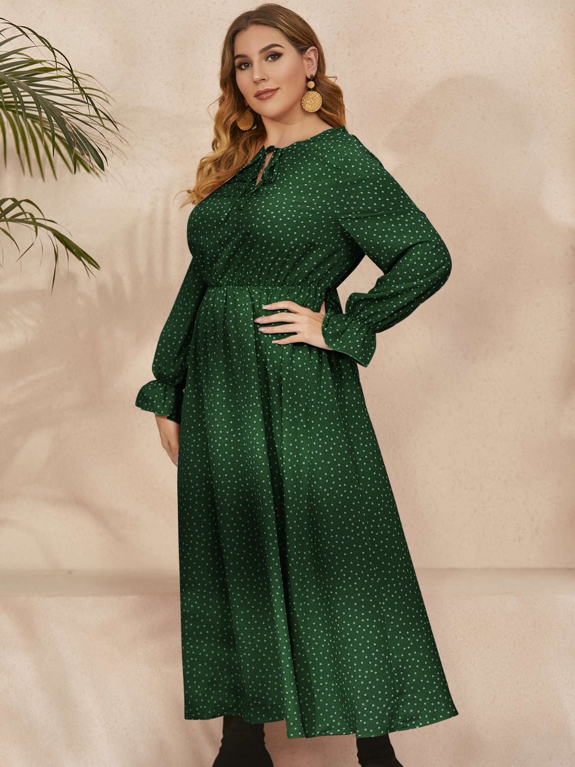 Plus Size Ruffled Polka Dot Long Sleeve Midi Dress - Rochelle's House LLC
