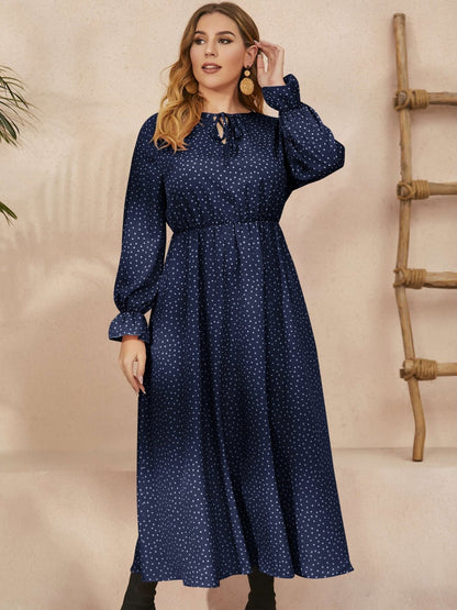 Plus Size Ruffled Polka Dot Long Sleeve Midi Dress - Rochelle's House LLC