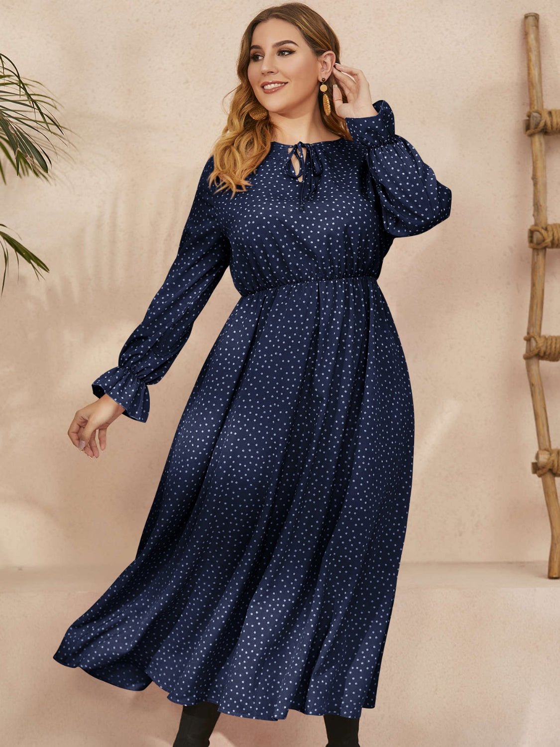 Plus Size Ruffled Polka Dot Long Sleeve Midi Dress - Rochelle's House LLC