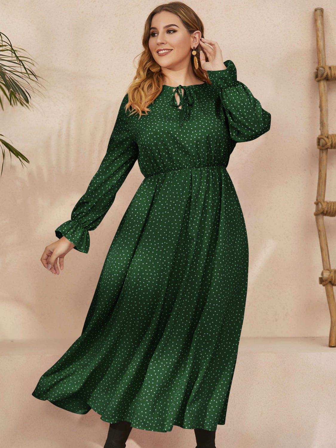 Plus Size Ruffled Polka Dot Long Sleeve Midi Dress - Rochelle's House LLC