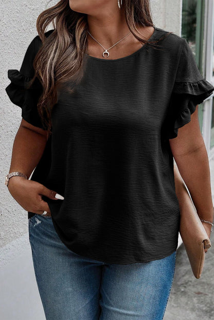 Plus Size Ruffled Round Neck Short Sleeve Blouse - Rochelle's House LLC