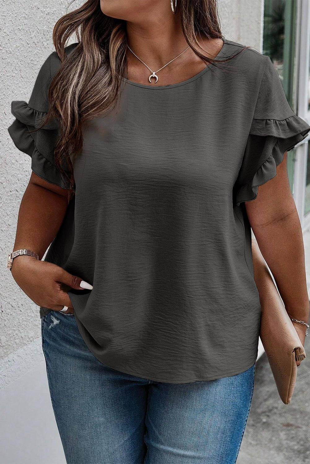 Plus Size Ruffled Round Neck Short Sleeve Blouse - Rochelle's House LLC