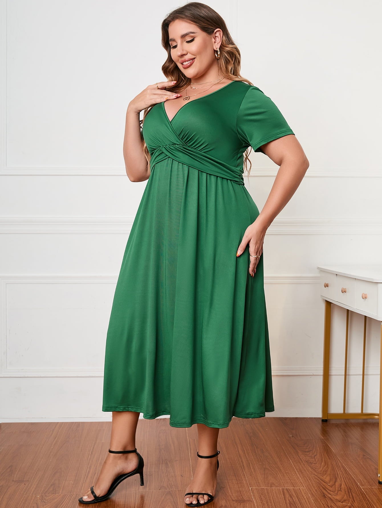 Plus Size Short Sleeve Surplice Neck Midi Dress - Rochelle's House LLC