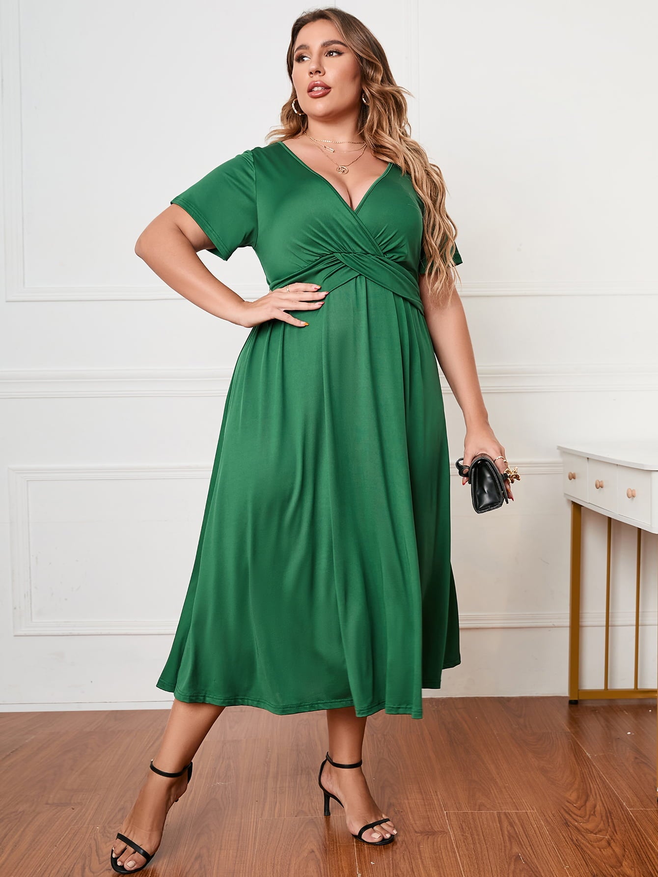 Plus Size Short Sleeve Surplice Neck Midi Dress - Rochelle's House LLC